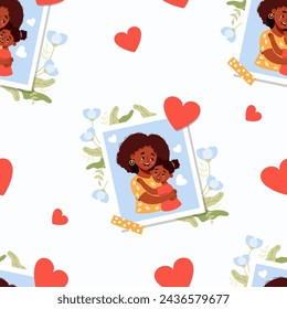 Seamless pattern with photograph from happy ethnic black woman mother with daughter with flowers on white background with hearts. Vector illustration in flat cartoon style. Mothers holiday confession.