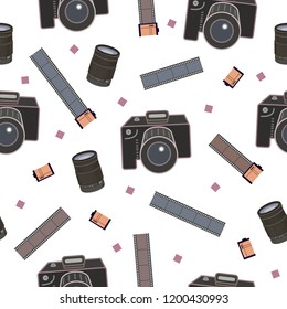 seamless pattern with photographic equipment - camera, film. decoration for wrapping paper, ornament background, flyers and posters for photographers. On white background. Vintage vector illustration.