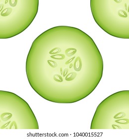 Seamless pattern with photo-realistic 3d slice juicy cucumber closeup on white background. Design template for graphics, food vector illustration
