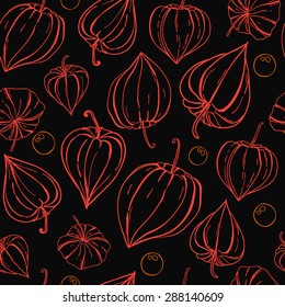 Seamless pattern with physalis flowers and fruits