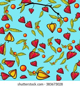Seamless pattern with physalis flowers and fruits