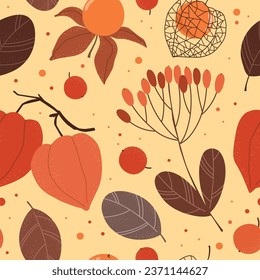 Seamless pattern with physalis fruits and autumn berries and leaves, botanical pattern. Vector illustration