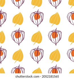 Seamless pattern with physalis on a white background. Illustration for restaurant menu, cosmetics, health care products, wrapping paper, post cards, prints for clothes.Vector illustration.