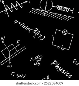Seamless pattern of Physics icons, electric current, friction, wave and types. White chalk on a blackboard. Vector illustration for wallpaper, school supplies, print.