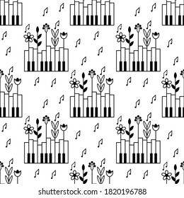 Seamless pattern with piano keys, plants and notes. Nature and music. Background for a music festival, Wallpaper, cover. Black and white graphic