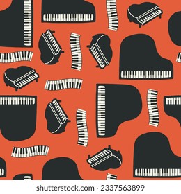 Seamless pattern piano musical instruments background simple illustration hand drawing red backdrop black and white keyboard