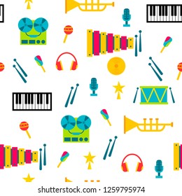 Seamless pattern with piano, player and xylophone on white background. Vector illustration in flat style