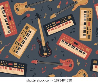 Seamless pattern with piano or synthesizer; electro guitar; microphone and sheet music. International Music Day. Vector musical instrument set. Freehand doodle elements