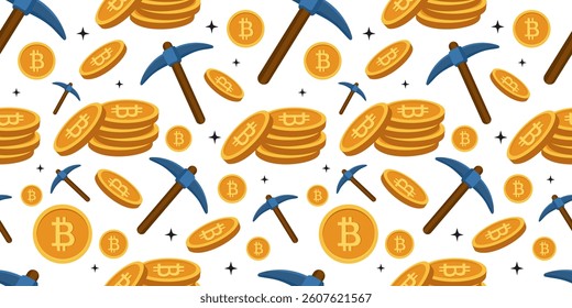 Seamless pattern with pickaxes and bitcoin coins representing cryptocurrency mining, blockchain rewards, digital currency, fintech backgrounds, crypto-themed prints, and financial design.


