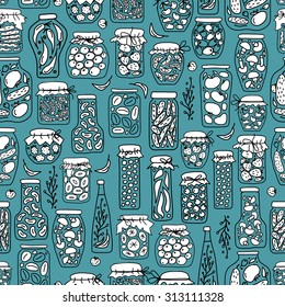 Seamless pattern with pickle jars fruits and vegetables. Vector illustration