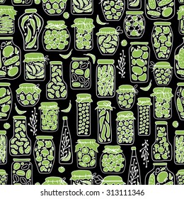 Seamless pattern with pickle jars fruits and vegetables. Vector illustration