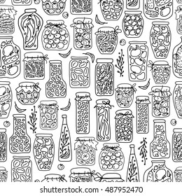 Seamless pattern with pickle jars fruits and vegetables
