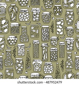 Seamless pattern with pickle jars fruits and vegetables