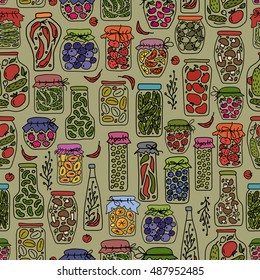 Seamless pattern with pickle jars fruits and vegetables