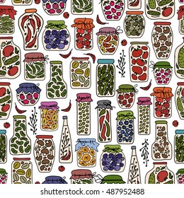 Seamless pattern with pickle jars fruits and vegetables
