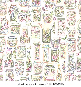 Seamless pattern with pickle jars fruits and vegetables