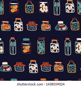 Seamless Pattern with Pickled Food - Cucumber, tomatoes, Olives, Peas, Eggs, Mushrooms.
