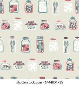 Seamless Pattern with Pickled Food - Cucumber, tomatoes, Olives, Peas, Eggs, Mushrooms.