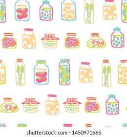 Seamless Pattern with Pickled Food - Cucumber, tomatoes, Olives, Peas, Eggs, Mushrooms.
