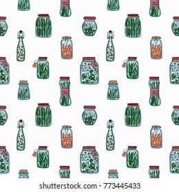 Seamless pattern with pickled vegetables. Backdrop with preserved food ingredients in glass jars and bottles hand drawn on white background. Colorful vector illustration for textile print, wallpaper.