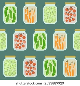Padrão contínuo com legumes em conserva em frascos de vidro, fundo de alimentos preservados.