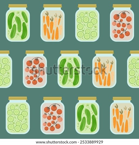Seamless pattern with pickled vegetables in glass jars, preserved food background.