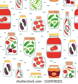 Seamless pattern with pickled vegetables. Preserved vegetables vector background.