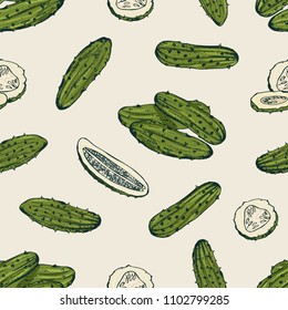 Seamless pattern with pickles or pickled cucumbers. Backdrop with marinated vegetable, delicious vegetarian snack. Hand drawn realistic vector illustration for fabric print, wrapping paper, wallpaper.