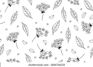 Seamless pattern from pickles set for vegetables. On a white background, a black outline. Bay leaf, dill umbrellas, garlic, peppercorns. Vector background. Hand drawn doodle illustrations