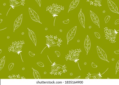 Seamless pattern of pickles for vegetables. On a green background, a white outline. Bay leaf, dill umbrellas, garlic, peppercorns. Vector background. Hand drawn doodle illustration