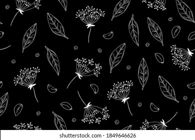 Patrón sin foco de pepinillos para verduras. Borde blanco sobre fondo negro. Hojas de la bahía, paraguas de eneldo, ajo, pimienta. Fondo vectorial. Ilustración de doodle dibujada a mano