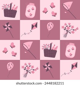 Seamless pattern with picnic basket, kite, pinwheel, butterflies and flowers on checkered background. Summer mood concept.