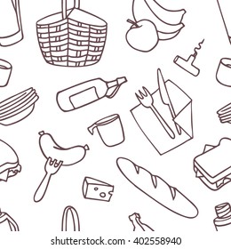 Seamless pattern with picnic baskets, cutlery and food. Contour drawings on a white background.
