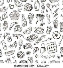 Seamless pattern with picnic elements. Hand drawn vector illustration. Badminton, thermos, boomerang, corkscrew, lemonade, bbq, beer, tableware, basket, sandwich, sausages and other.