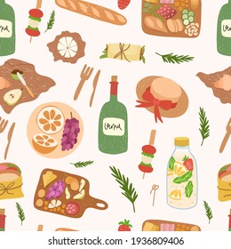 Seamless pattern of picnic food and drinks: sandwich,snacks, fruits,bread, sandwich,bottles of wine, lemonade,cheese.Vector hand drawn illustration in flat style on white background.