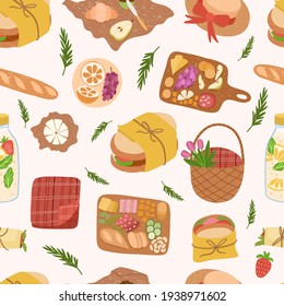 Seamless pattern of picnic food and drinks: sandwich,snacks, fruits,bread, sandwich,bottles of wine, lemonade,cheese.Vector hand drawn illustration in flat style on white background.