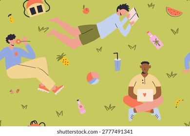 Seamless pattern with a picnic of vacationers and working men. Summer vector illustration for packaging, stickers, and boxes.
