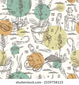 Seamless pattern with picrorhiza kurroa: picrorhiza kurroa plant, leaves, flowers and picrorhiza kurroa root. Katuka. Oil, soap and bath salt. Cosmetics and medical plant. Vector