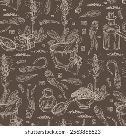 Seamless pattern with picrorhiza kurroa: picrorhiza kurroa plant, leaves, flowers and picrorhiza kurroa root. Katuka. Oil, soap and bath salt. Cosmetics and medical plant. Vector
