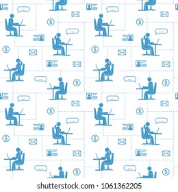Seamless pattern. Pictogram people in the global Internet network are sitting with laptops communicate, work, earn. 