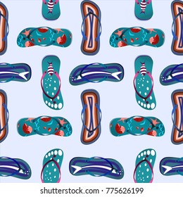 Seamless pattern with picture of beach slippers in different colors. A cheerful summer drawing for the design of textiles, dishes, postcard and posters about summer, beach and travel. Vector drawing.