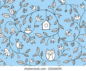 Seamless pattern with a picture of the birds on branches and the insects. Vector illustration.