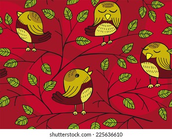 Seamless pattern with a picture of birds on branches. Vector illustration.