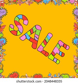 Seamless pattern. Picture in black, orange and yellow colors. Lettering. Vector illustration. Weekend Sale Banner Template.