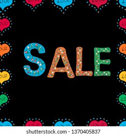 Seamless pattern. Picture in blue, orange and black colors. Weekend Sale Banner Template. Vector illustration. Lettering.