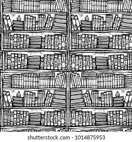 Seamless pattern with picture book library for coloring. It can be used for wallpaper design, packaging paper, fabrics, bedding and clothing. Black and white image.
