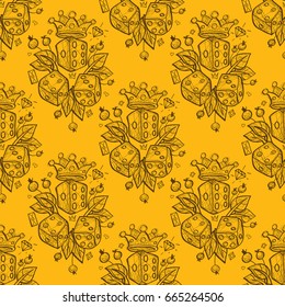 Seamless pattern with a picture of dice, a golden crown and green leaves.