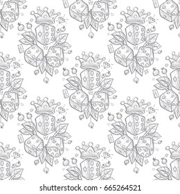 Seamless pattern with a picture of dice, a golden crown and green leaves.