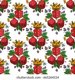 Seamless pattern with a picture of dice, a golden crown and green leaves.