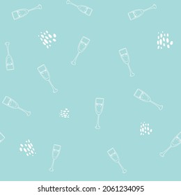 Seamless pattern with a picture of a glass of bubbles and small dots simple flat design. hand drawing. Wine glasses champagne on blue background
